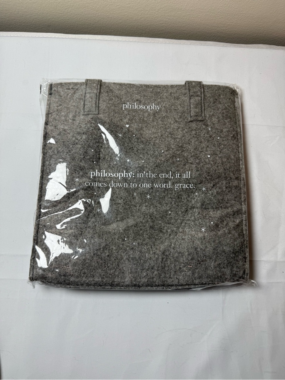 Philosophy gray felt tote with printed quote